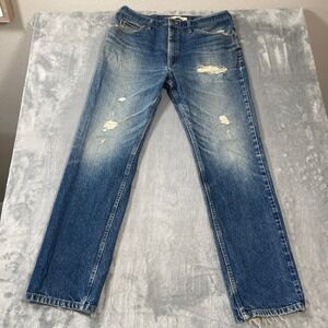 Lee Jeans Mens 38x33 Regular Fit Distressed Blue Denim Frayed Hem 2008989